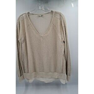 Lucky Brand Women's V-Neck Gold Shimmer Knit Sweater Crochet Lace Details Size L